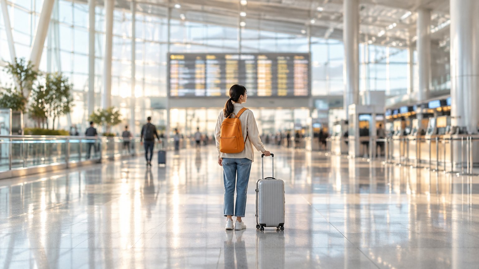 年輕旅人背著後背包、拉著登機箱，獨自站在機場出境大廳看航班資訊看板