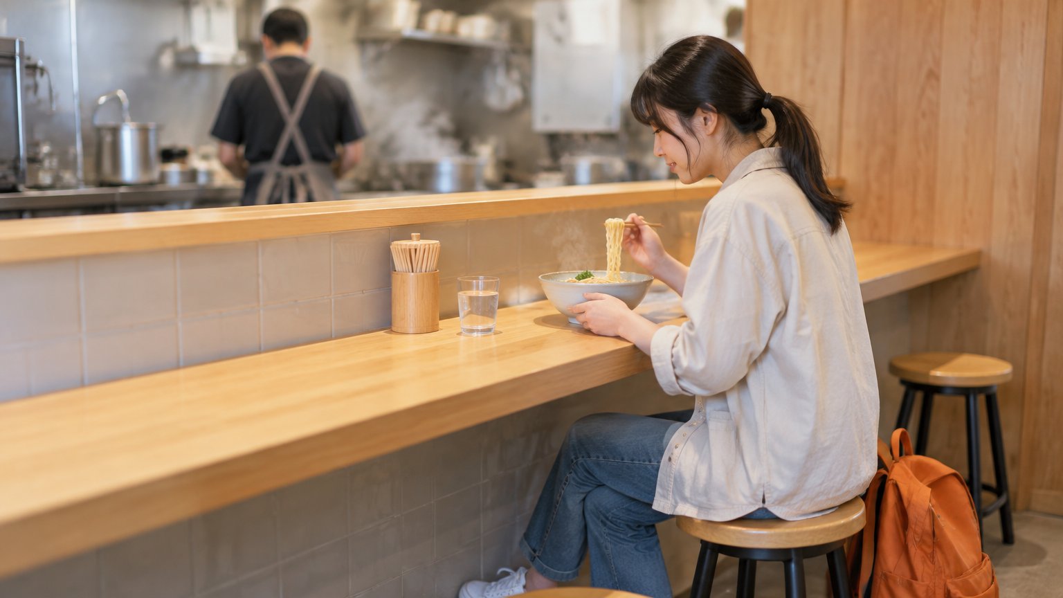 年輕旅人獨自坐在日本拉麵店的吧台座吃麵，後背包放在腳邊