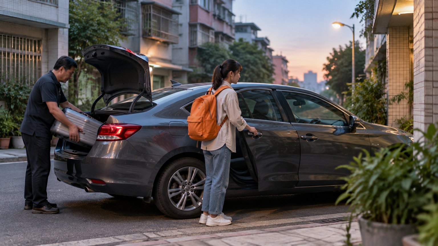 天剛要亮的公寓門口，年輕旅人背著後背包準備上車，司機幫忙把登機箱放進後車廂